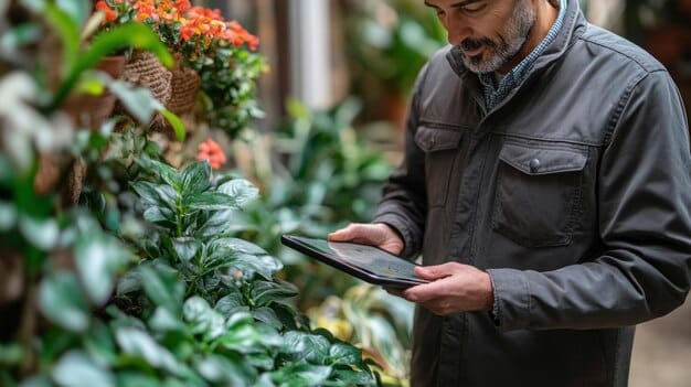 A farmer using a tablet to monitor and adjust precision planting settings in real-time, showcasing the ease of use and data accessibility of the technology.