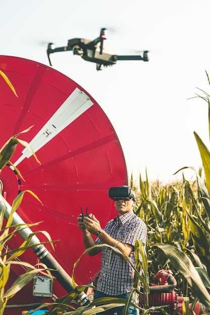 A close-up shot of a drone in flight over a cornfield. The drone is equipped with various sensors and cameras, capturing detailed images of the plants. The image highlights the drone's capabilities in collecting data and monitoring crop health.