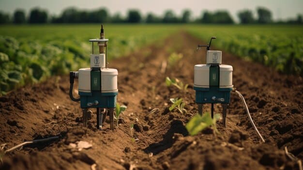 A side-by-side comparison showing a traditional furrow irrigation system (left) and an automated drip irrigation system (right). The furrow irrigation side shows water flowing inefficiently down the rows, with visible runoff and soil erosion. The drip irrigation side shows water being delivered directly to the plant roots with minimal waste. The setting is a split farm field. The focus is on highlighting the efficiency and water-saving benefits of automated drip irrigation compared to traditional methods.
