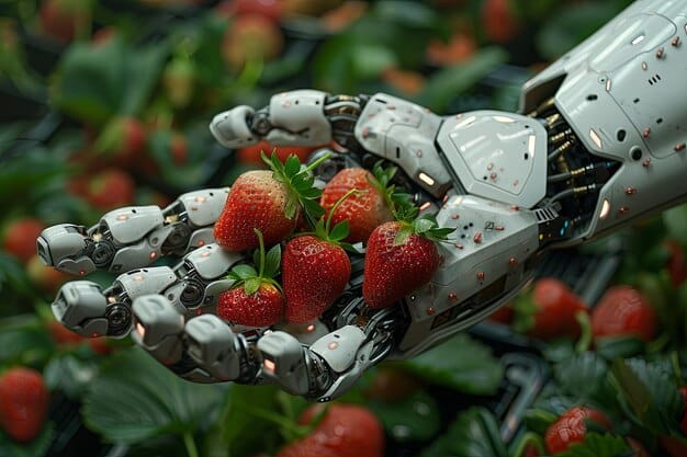 Close-up of a robotic arm gently picking ripe strawberries in a field, with other robots visible in the background. The lighting is soft, highlighting the delicate nature of the harvesting process.