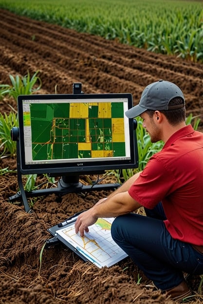An engineer is monitoring a computer screen displaying real-time data from a vertical farm. The screen shows graphs and charts related to temperature, humidity, and nutrient levels, highlighting the technological aspect of monitoring and controlling the environment.