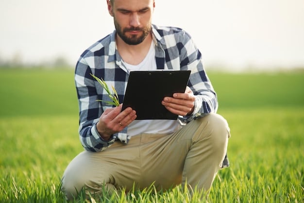 A close-up shot of a farmer in a field, using a tablet to monitor real-time data from 5G-connected sensors. The tablet displays a map of the field with color-coded sections indicating soil moisture levels, crop health, and other vital information.