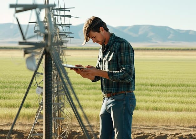A technician installing a 5G antenna on a rural farm, showcasing the infrastructure required for 5G connectivity. The background shows vast fields and agricultural machinery, emphasizing the integration of technology with traditional farming.