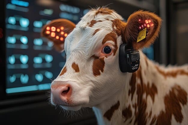 Close-up of a cow wearing a smart collar with sensors, focusing on the technology attached and the comfort of the animal’s wear. The background is a blurred image of a barn interior.