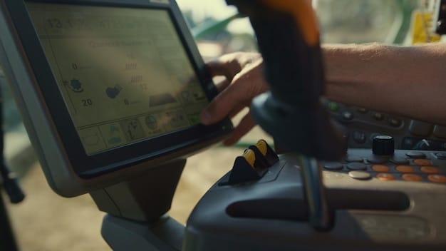 A close-up shot of the autonomous tractor's control panel, showcasing its sophisticated sensors and GPS technology. The panel displays real-time data and analytics related to soil conditions, weather patterns, and crop health.
