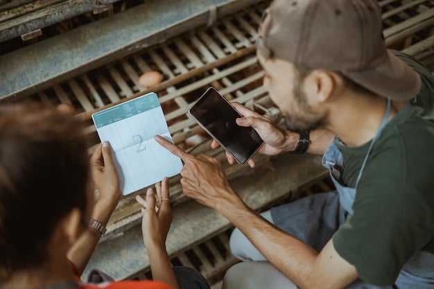 Farmers using a mobile app connected to a blockchain network to record data about their crops. The app interface shows fields for inputting information about planting dates, fertilizers used, and harvest yields.