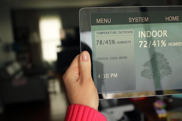 A close-up of a smart greenhouse control panel, showing real-time data on temperature, humidity, and light levels. A hand is adjusting the settings using a touchscreen interface.