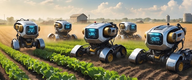 A fleet of autonomous agricultural robots working together in a large field, with some robots weeding, others harvesting, and others monitoring crop health using drones. The scene demonstrates the potential for fully automated farming systems.