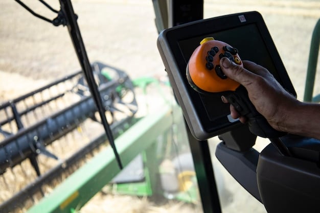 A GPS-guided combine harvester during the harvesting season, collecting yield data in real-time to optimize harvesting parameters and efficiency.