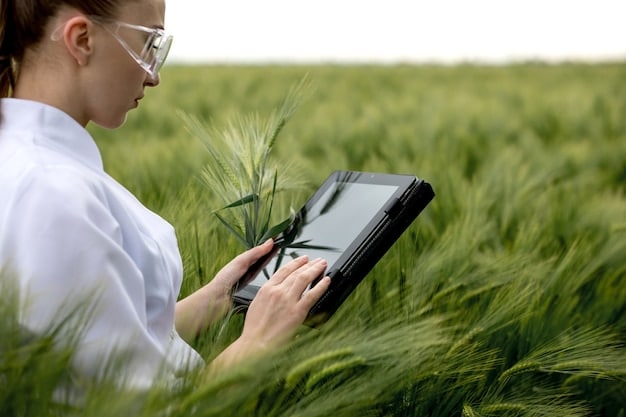 A close-up shot of a robotic arm taking a soil sample in a field, with a sensor attached. The background shows rows of crops and a farmer monitoring the process on a laptop.