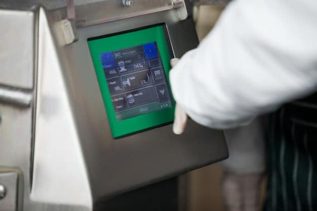 A close-up showcasing a sorting machine using AI to identify and sort different types of vegetables. The machine is processing a variety of produce at a rapid pace.