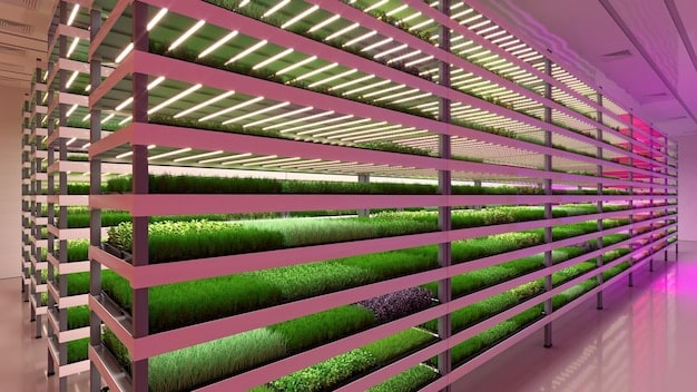Interior shot of a vertical farm showing rows of plants growing in nutrient solution under artificial lights, highlighting the hydroponic system and controlled growing conditions.