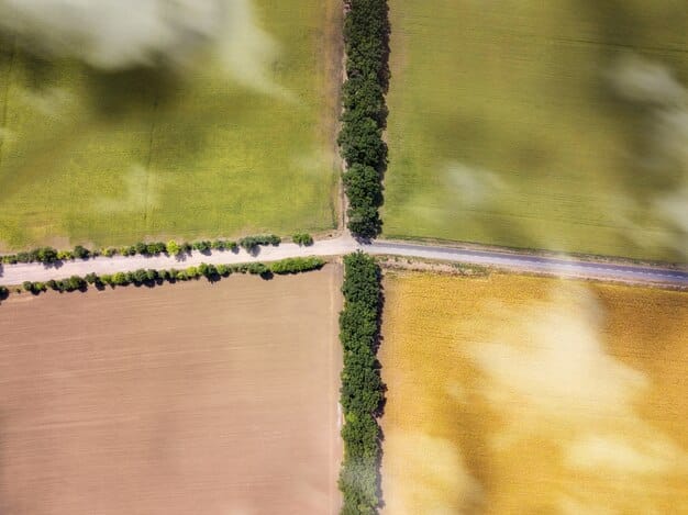 A side-by-side comparison showing a plot of land with traditional farming next to a vertical farm structure, emphasizing the difference in land usage and crop density.
