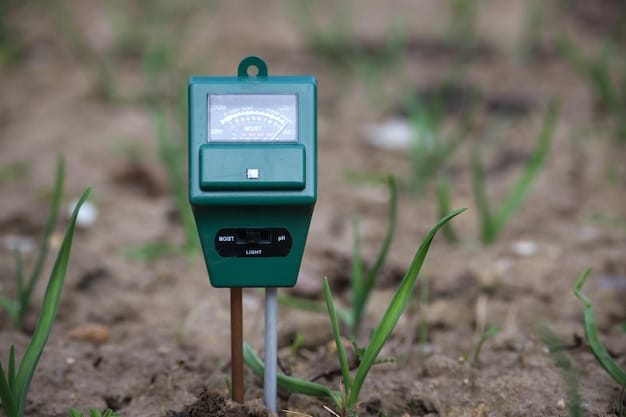 Close-up of a soil sensor embedded in the ground, displaying real-time data on soil moisture and nutrient levels. The image should highlight the precision and technology involved in data-driven farming.