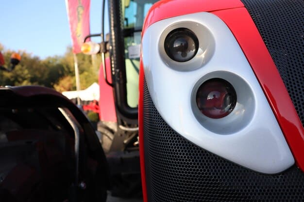 A close-up of an autonomous tractor's advanced sensor system, showing different types of sensors (cameras, GPS antennas, LiDAR) mounted on the vehicle. The sensors are actively collecting data from the field, highlighting the precision and data-driven nature of modern agriculture.