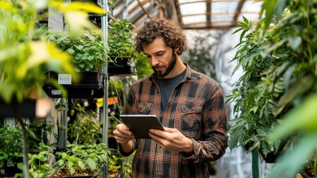 A farmer inspecting crops in a smart greenhouse, holding a tablet that displays real-time data on environmental conditions. The greenhouse is equipped with various sensors and automated systems, all connected through the IoT.