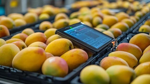 A screenshot of Walmart's blockchain system, showing data on mangoes, including farm of origin, harvest date, and transportation details. The interface is clean and user-friendly.