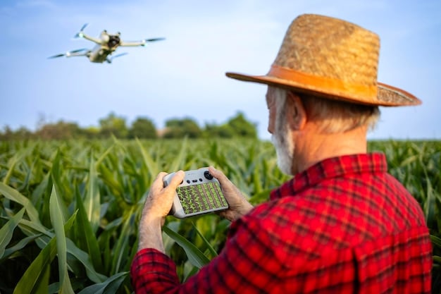 A close-up shot of a drone spraying pesticides on a specific area of a crop, highlighting the precision and control of the spraying mechanism. The image should show droplets being evenly distributed on the target area.