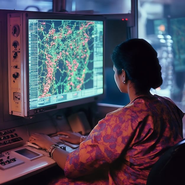 A researcher in a lab is analyzing satellite imagery data on a computer screen, with graphs and charts visualizing crop yield predictions. In the background, there are various pieces of scientific equipment.