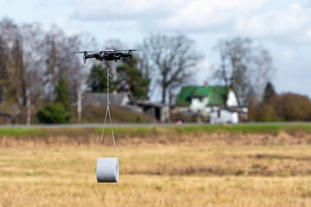 A close-up shot of an agricultural drone in a hangar. Various sensors and camera attachments are visible. A farmer is inspecting the drone with a tablet in hand, showcasing the technological aspects of drone operation.