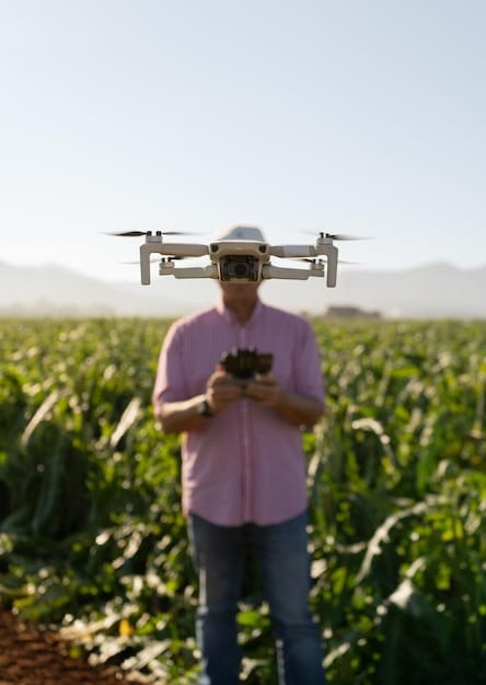 Drone monitoring a vast field of crops, showcasing the use of precision farming techniques in modern agriculture.