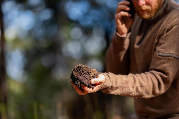 Close-up of a farmer examining a healthy soil sample, showcasing the dark, rich texture indicative of good carbon sequestration. The farmer is smiling, suggesting satisfaction with the soil health and sustainable practices.