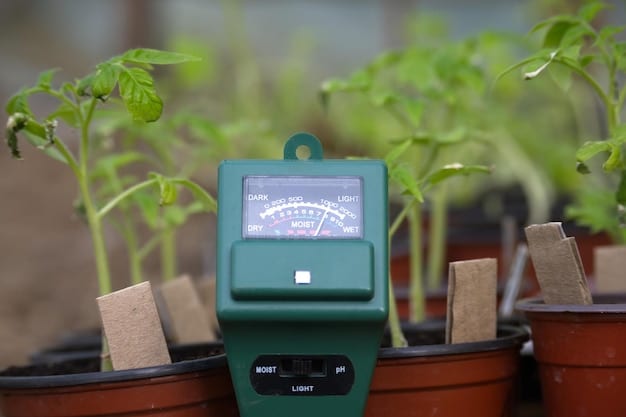 A close-up of a soil sensor monitoring moisture levels and nutrient content. The sensor is embedded in the soil, with a digital display showing real-time data. The background shows a field with healthy crops.