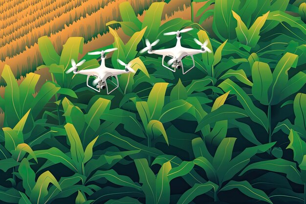 A drone flying over a cornfield, capturing multispectral images. The corn plants are lush and green, with a few areas showing signs of stress. The background is a clear blue sky.