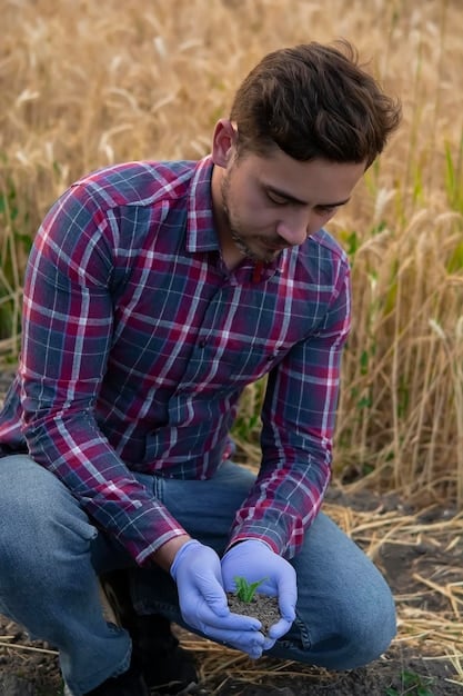 A farmer inspecting the soil in a field with cover crops. The farmer is using a tool to assess soil health, and there's a diverse mix of plants growing.