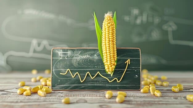 A graph showing the historical trends and projected increase in commodity prices (corn, soybeans, wheat) over the next few years, highlighting the correlation with farmland rental rates.