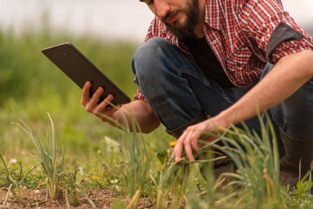 A close-up shot of a farmer using a tablet in a field to monitor crop health and adjust irrigation settings. The tablet displays detailed data visualizations, illustrating the real-time insights that technology provides for better decision-making.