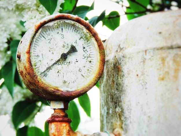 A close-up photo of a water meter installed on a large irrigation pipe, showing the dials and readings. The meter is slightly weathered.