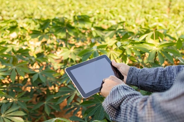 A farmer inspecting a field of crops using a tablet, with a modern irrigation system visible in the background. The scene shows a technologically advanced agricultural practice.