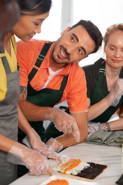 A group of farmers attending a food safety training workshop, where an instructor is demonstrating best practices for handling produce to prevent contamination. The setting is a rural community center.