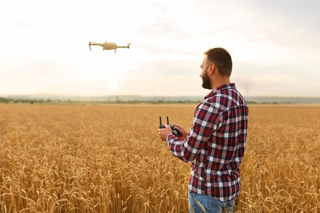 A farmer using a drone to monitor crop health, with a data overlay showing areas of potential stress or disease. The background shows a vast field with healthy crops.
