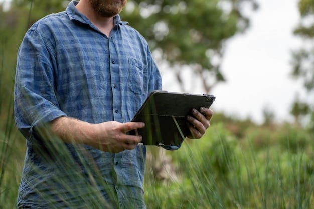 A farmer using a tablet to monitor and control precision irrigation systems in a field. The tablet displays data from soil sensors, weather conditions, and irrigation schedules. The farmer appears to be adjusting the irrigation settings based on the data displayed on the tablet.