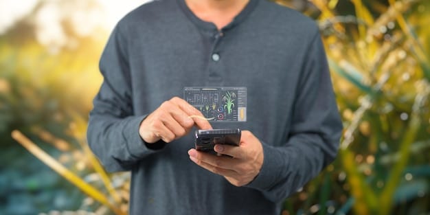 A close-up shot of a farmer's hand holding a digital soil sensor, with a touch screen displaying real-time data readings of soil moisture, pH levels, and nutrient content. The background shows a blurred view of a cornfield.