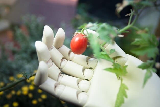 A close-up of a robotic arm gently picking ripe tomatoes on a vine, showcasing the precision and dexterity of the harvesting robot, with a blurry background of a greenhouse.
