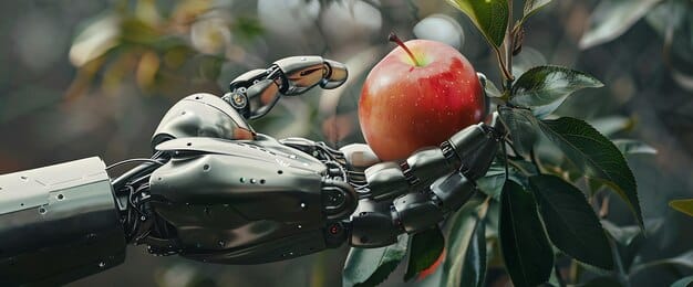 A close-up of a robotic arm harvesting fruits in an orchard, showcasing the precision and efficiency of agricultural robotics. The image focuses on the technological aspect of automated harvesting.
