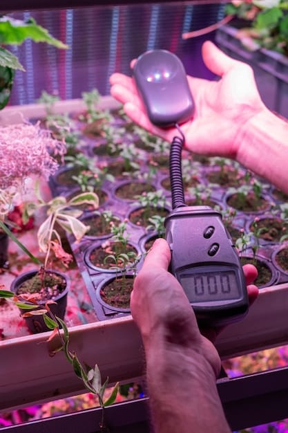 A close-up of a vertical farm showcasing various sensors and control systems monitoring environmental conditions, such as temperature, humidity, and light levels.