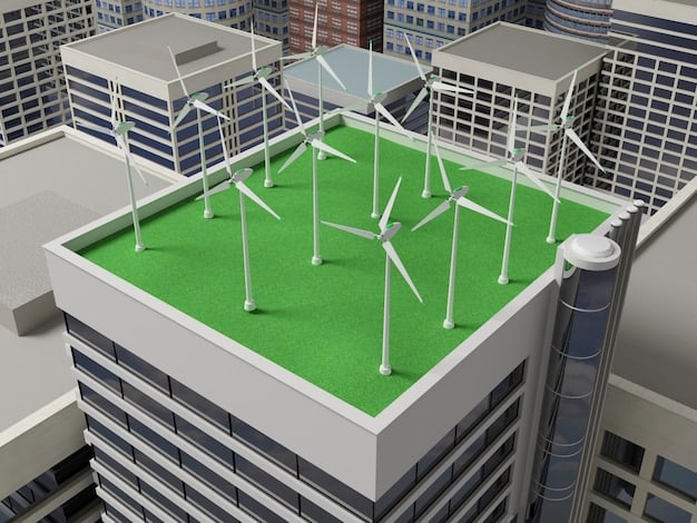 A rendering of a sustainable vertical farm powered by solar panels and wind turbines, demonstrating a commitment to renewable energy sources.