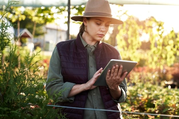 A US farmer using a tablet to monitor and control the AI-powered irrigation system. The screen displays real-time data on soil moisture, weather conditions, and irrigation schedules, highlighting the farmer's ability to make informed decisions and optimize water usage.