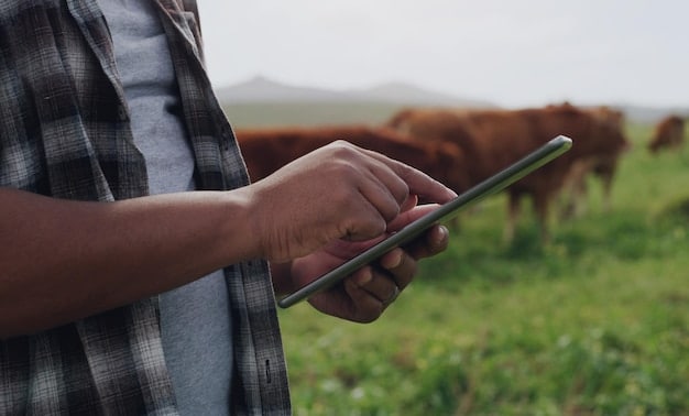 A farmer using a smartphone app in a field, with the app displaying real-time data about crop health and soil conditions. The background shows rows of healthy crops and a tractor working in the distance.