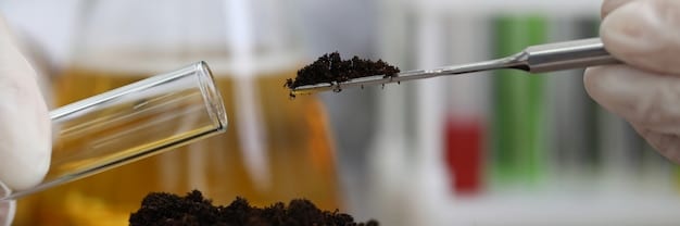 A close-up view of a soil sample being tested in a laboratory, with various scientific instruments and charts visible in the background. The image conveys the importance of data-driven insights in precision agriculture for fertilizer management.