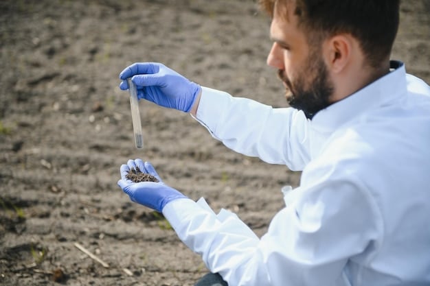 A close-up shot of a farmer taking a soil sample in a field, with the sampling equipment and soil visible in detail, emphasizing the importance of soil testing.