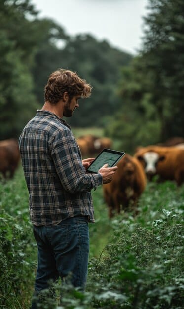 A farmer working with a conservation professional in a field, reviewing a conservation plan on a tablet, with crops and livestock in the background.