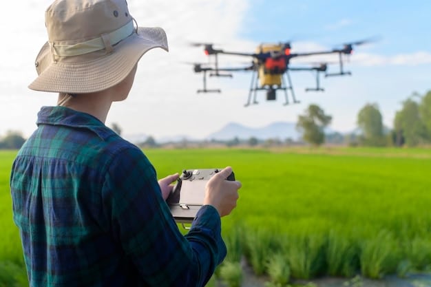 A close-up of a drone spraying pesticides on a field of crops in the US, showcasing the precision and efficiency of drone-based spraying systems.