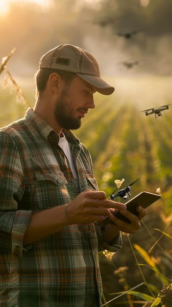 A farmer using a tablet to view real-time data collected by a drone flying over their farm, illustrating the role of data analytics in modern agriculture.