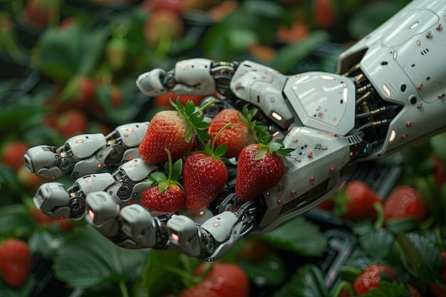 A close-up of a robotic arm equipped with sensors gently picking ripe strawberries from a plant. The background is blurred, focusing on the precision of the robotic arm and the ripeness of the strawberry. Integrated sensors and camera systems highlight the robot's ability to identify and select the best produce to harvest.