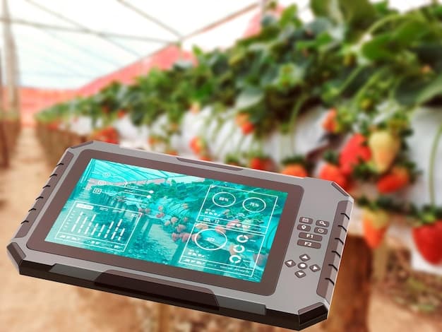 A digital interface showing data collected by AI-powered agricultural robots. The interface displays real-time information about crop health, soil moisture levels, and weather conditions. Graphs and charts provide insights into trends and patterns, helping farmers make data-driven decisions.